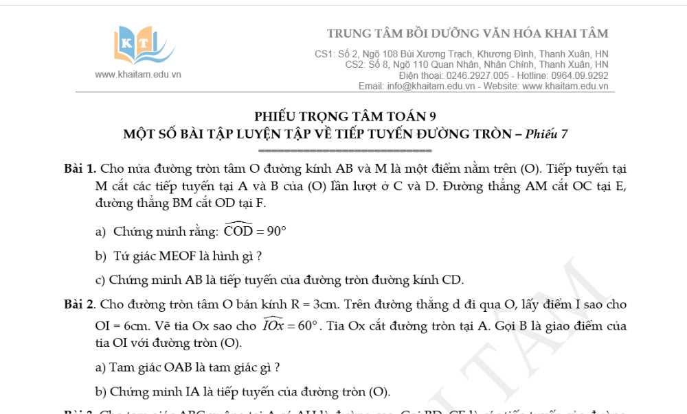 Toán 9: Tài liệu trọng tâm Hình học Chương 2 Phiếu số 7-Một số bài tập luyện tập về tiếp tuyến của đường tròn